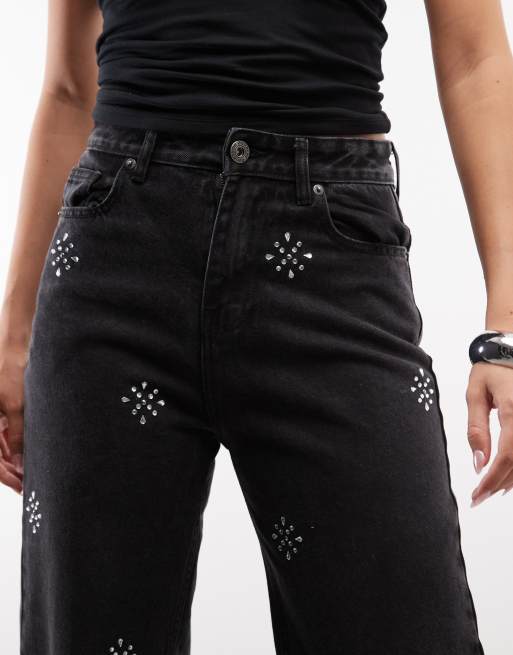 Courtside baggy wide leg embellished jeans with raw hem in black wash, 5 of 5