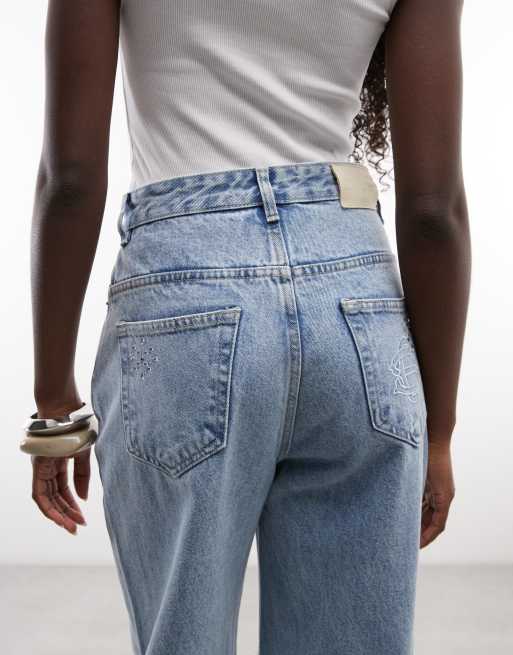 Courtside baggy wide leg embellished jeans with raw hem in light wash blue, 5 of 5