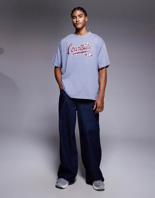 Courtside - Blå forvasket oversized T-shirt med logoprint, 2 af 5