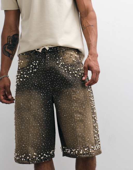 Courtside – Blå, smutstvättade, långa shorts med strass och pärlor, 2 av 5