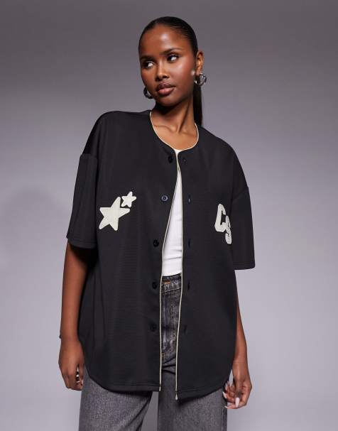 Courtside boxy baseball jersey in black with beige applique - view 1