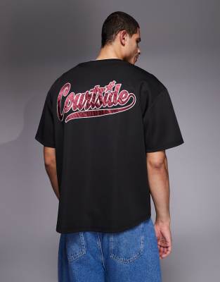 Courtside boxy baseball jersey in black with red logo applique black
