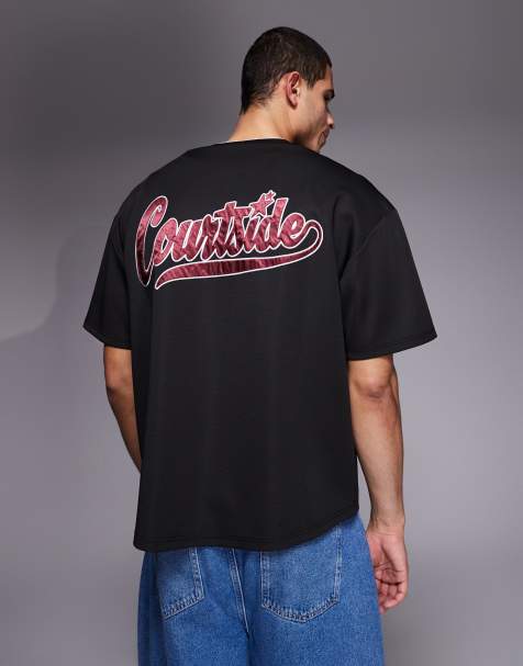 Courtside boxy baseball jersey in black with red logo applique - view 1
