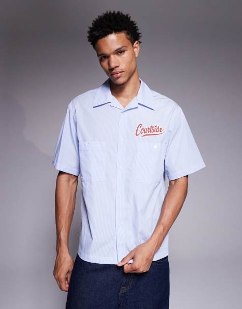 Courtside boxy revere collared striped shirt in blue with logo print - view 1