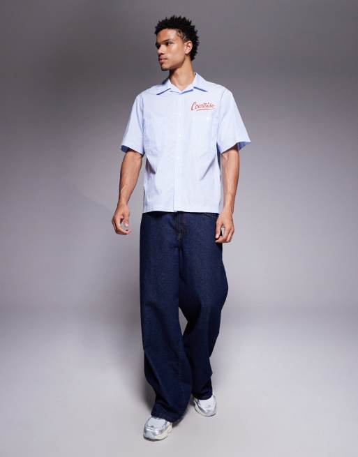 Courtside boxy revere collared striped shirt in blue with logo print, 2 of 5