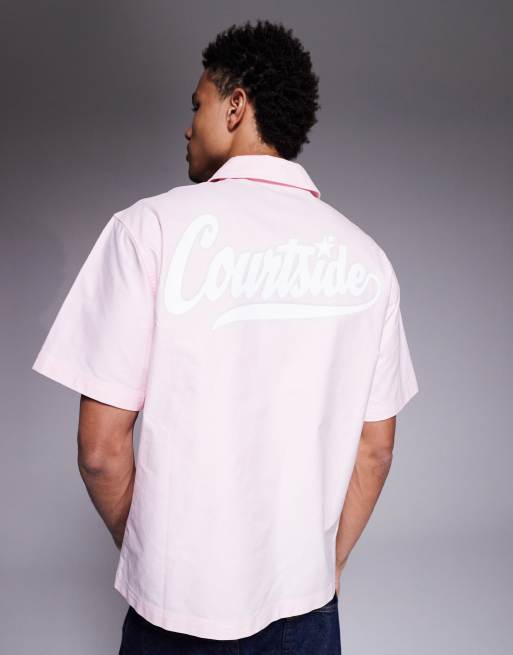 Courtside boxy short sleeve shirt in pink with logo print, 3 of 5