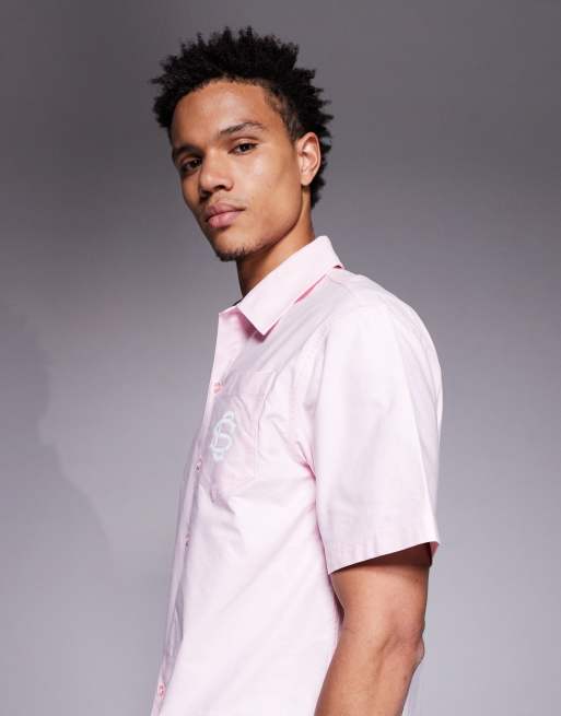 Courtside boxy short sleeve shirt in pink with logo print, 4 of 5
