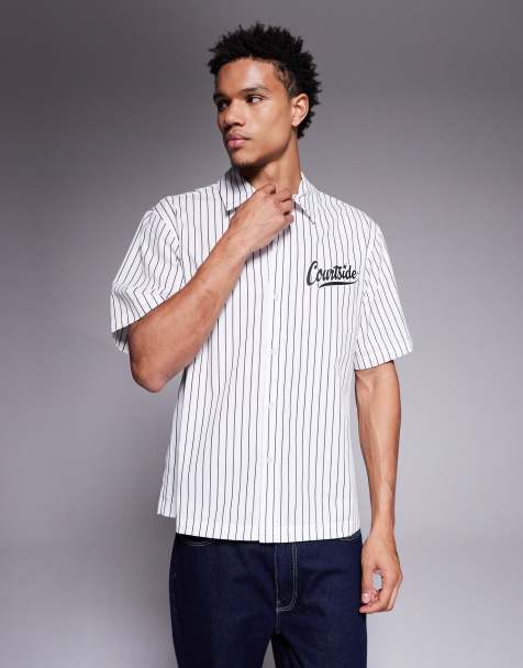 Courtside boxy striped shirt in white with logo print - view 1