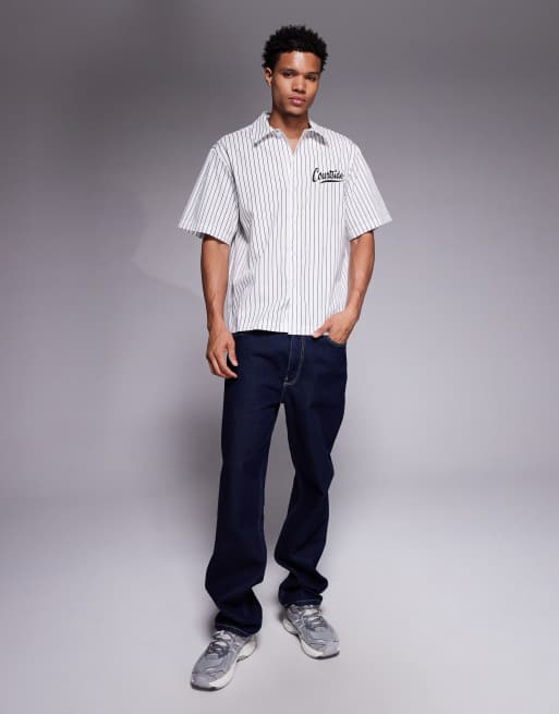Courtside boxy striped shirt in white with logo print, 2 of 5
