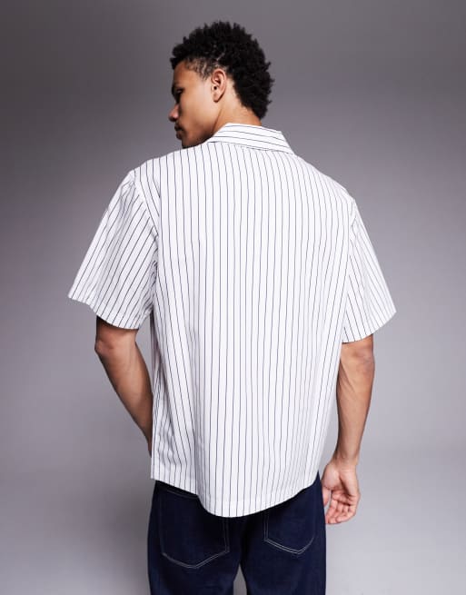 Courtside boxy striped shirt in white with logo print, 3 of 5