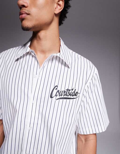 Courtside boxy striped shirt in white with logo print, 5 of 5
