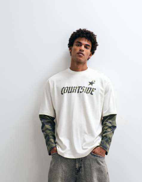 Courtside camo printed layered long sleeve t-shirt in ecru - view 1
