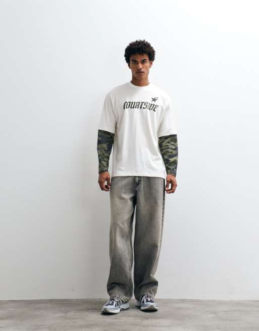 Courtside camo printed layered long sleeve t-shirt in ecru, 5 of 5