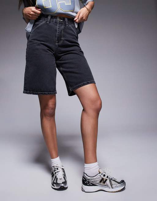Courtside carpenter denim jort with back pocket embroidery in washed black, 2 of 5
