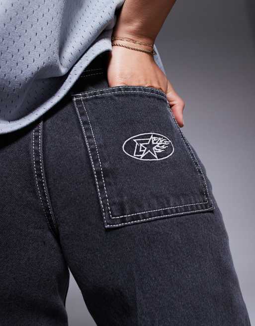 Courtside carpenter denim jort with back pocket embroidery in washed black, 5 of 5