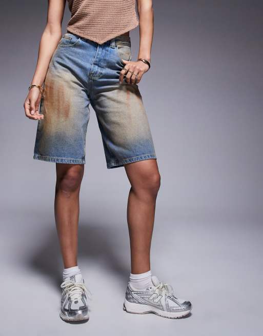 Courtside carpenter denim jorts in distressed dirty brown wash