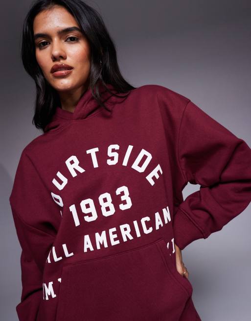 Courtside co-ord oversized pullover hoodie in burgundy with collegiate print, 4 of 4