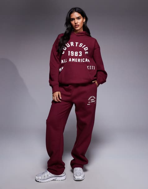 Courtside co-ord straight leg joggers in burgundy with collegiate print - view 1