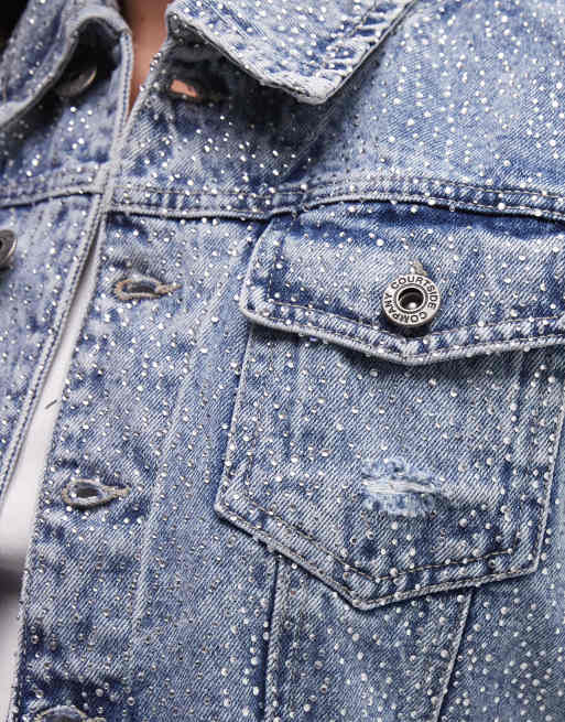 Courtside cropped embellished denim jacket in light wash blue, 3 of 4