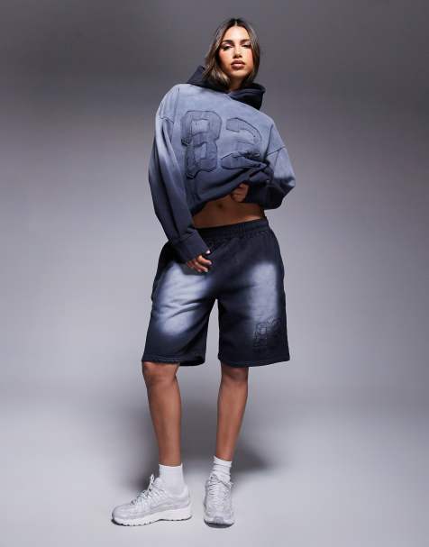 Courtside varsity detail relaxed raw hem short co-ord in washed black