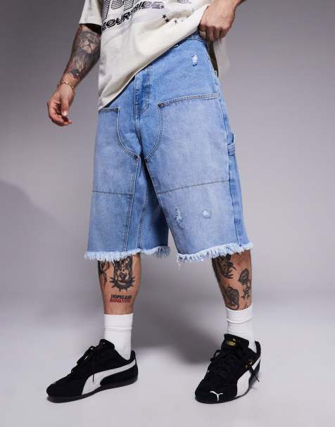 Courtside distressed denim carpenter jorts in washed blue - view 1