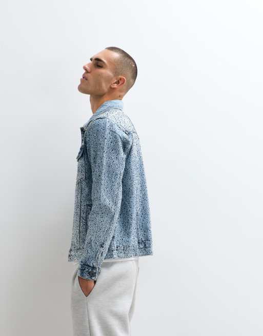 Courtside distressed denim jacket with rhinestone embellishment in light wash blue , 3 of 5