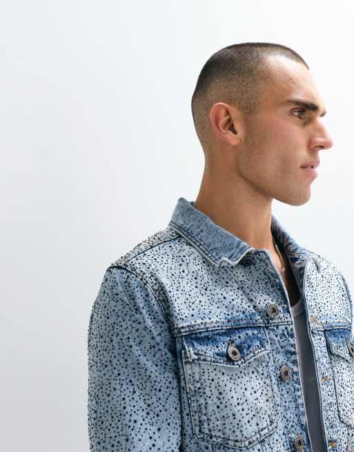 Courtside distressed denim jacket with rhinestone embellishment in light wash blue , 4 of 5