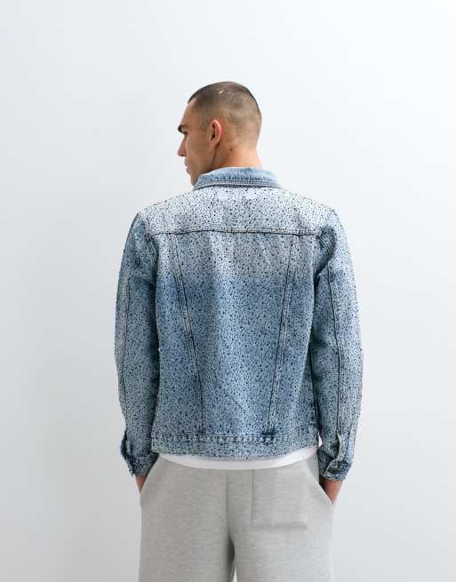 Courtside distressed denim jacket with rhinestone embellishments in light wash blue , 5 of 5