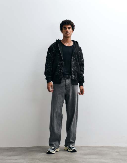 Courtside embellished zip through hoodie in black, 2 of 5