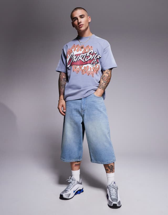 Courtside extreme baggy denim longline jort with back pocket