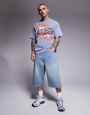 extreme baggy denim longline jorts with back pocket embroidery in dirty brown wash