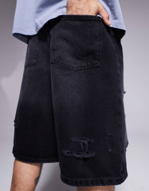 Courtside extreme distressed denim jorts in washed black