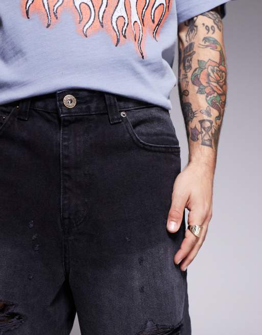 Courtside extreme distressed denim jorts in washed black