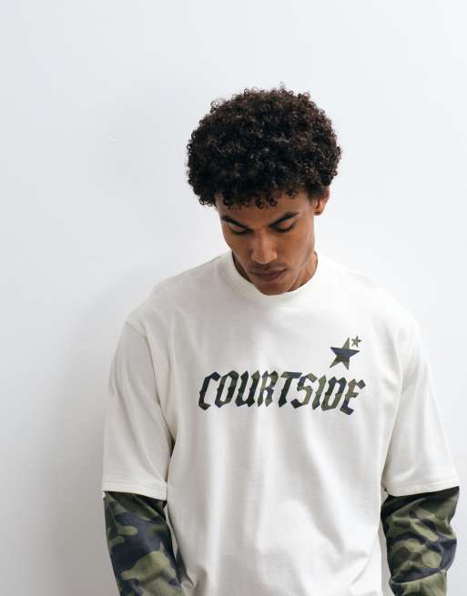 Courtside - Gelaagd T-shirt met lange mouwen en camouflageprint in ecru, 3 van 5