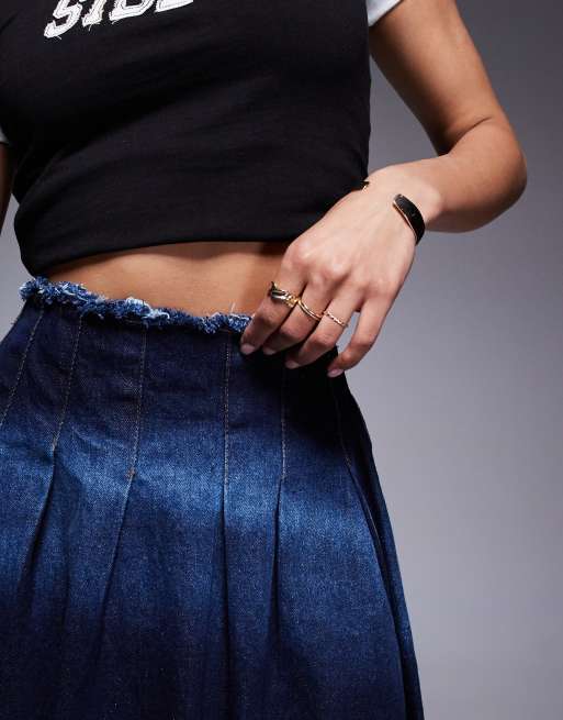 Courtside - Geplooide denim mini rok met stonewash detail in blauw met spoeling , 3 van 5