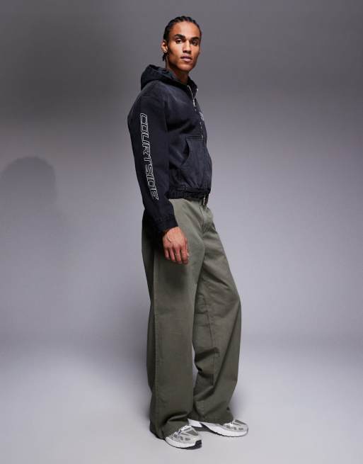 Courtside - Giacca di jeans oversize nera con cappuccio e logo ricamato, 2 di 5