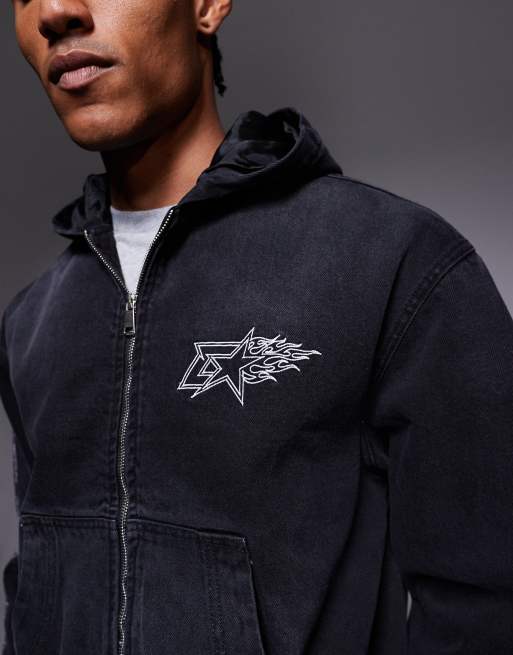 Courtside - Giacca di jeans oversize nera con cappuccio e logo ricamato, 5 di 5