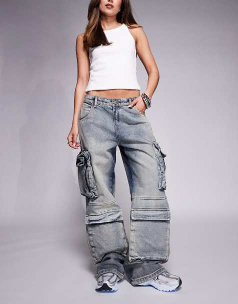 Courtside – Grå, tvättade, extra baggy jeans med ficka - view 1