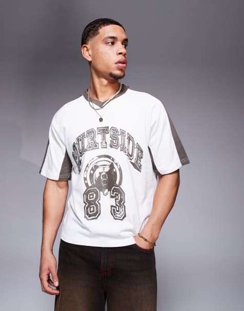 Courtside graphic detail contrast panel oversized T-shirt in cream - view 1