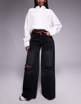 Jean oversize déchiré aux genoux - Noir délavé W24