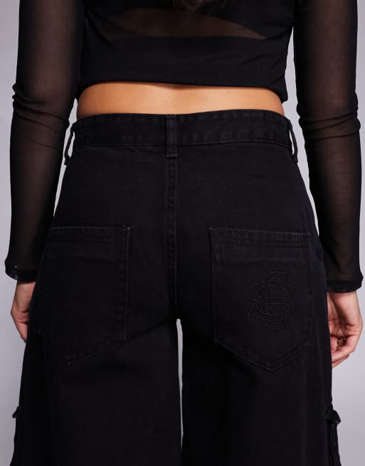Courtside - Jeans larghi in denim neri con tasche cargo, 4 di 5