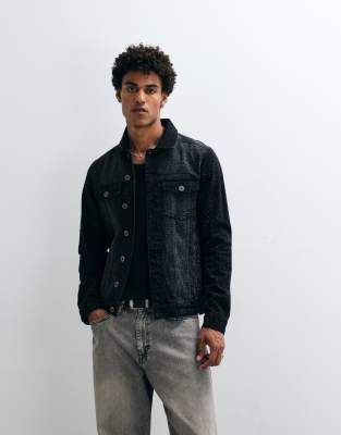 Jeansjacke in schwarzer Waschung mit Strassverzierung Schwarz M