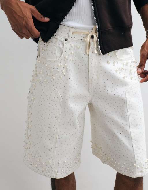 Courtside - Jorts bianchi decorati con perle e strass, 3 di 5