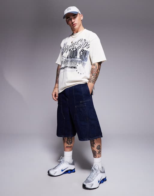 Courtside - Jorts in denim color indaco con logo ricamato sulla tasca sul retro e pannello