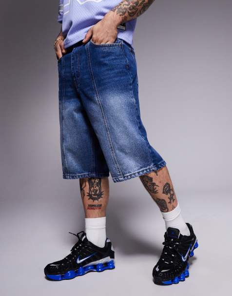 Courtside - Jorts med sømdetaljer og baglomme med broderi i denim i mellemvasket blå - view 1