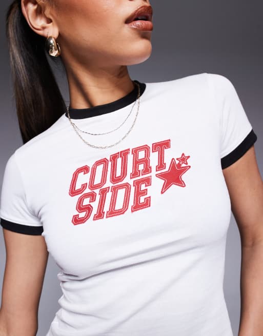 Courtside – Krótki biały T-shirt z kontrastowymi lamówkami i logo, 3 z 4