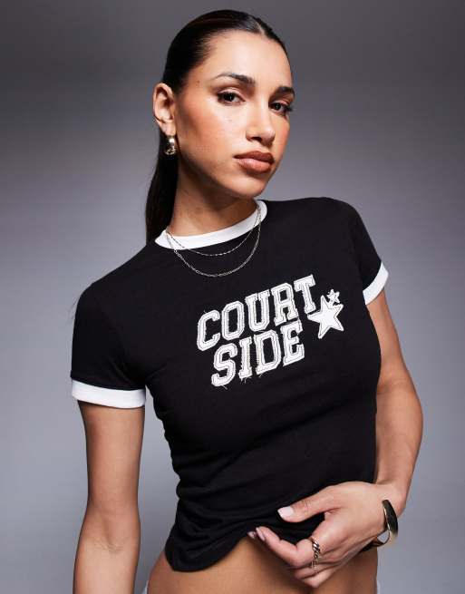 Courtside logo detail contrast seam baby t-shirt in black, 3 of 4