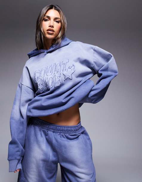 Courtside logo detail hoodie in washed blue (part of a set) - view 1
