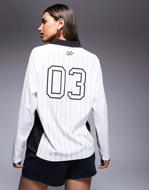 Courtside long sleeve logo detail panel athletic top in white multi, 3 of 4
