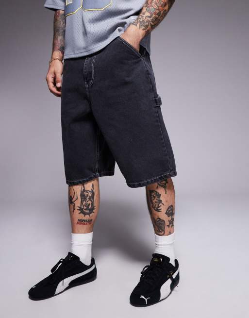 Courtside – Mellanblå, tvättade jeansshorts i snickarstil med broderi på bakfickan, 5 av 5